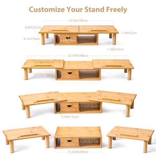 Dual Monitor Stand Riser with Drawer for Desk Laptop Desk Shelf with Adjustable Length and Angle, Bamboo Computer Stand Riser for 2 or 3 Monitors Screen Laptop PC TV -Natural
