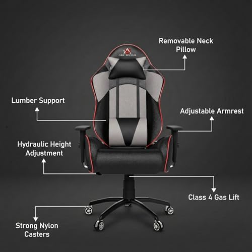 Image of ASE GAMING Gold Series Ergonomic Gaming Chair Premium PU Leather, Adjustable Neck & Lumbar Pillow, 180 Degree Recline with Black Metal Base with 3 Years Warranty (Grey)