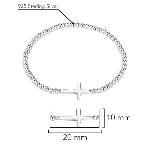 AeraVida Faithful Christian Cross .925 Sterling Silver Beaded Elastic Bracelet | 7-Inch Small Fit | Handmade Religious Symbolic Jewelry for Women4