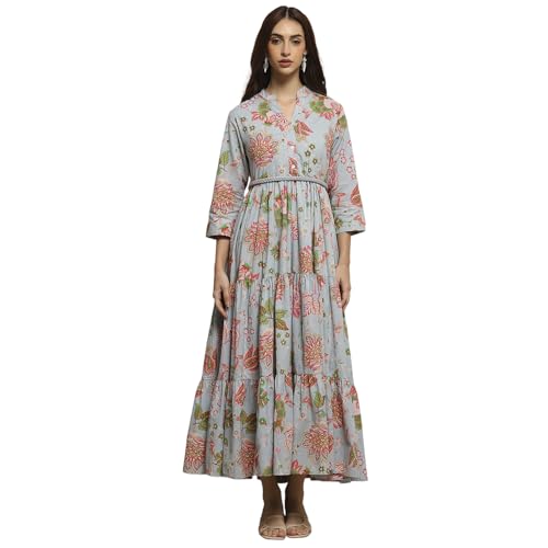 Image of Biba Women's Cotton 3 /4 Sleeves Calf Length Band Collar A-Line Floral Printed Casual Dress