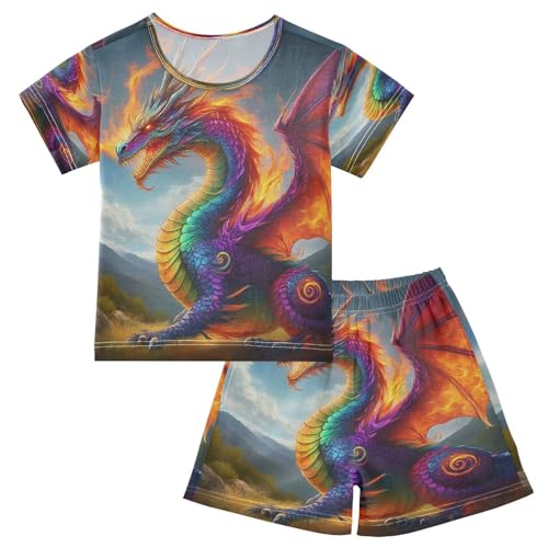 Pajama Sets Short Sleeve Vivid Dragon Artwork Print Soft Cotton Summer Sleepwear 2 Piece PJS Size 5-14T