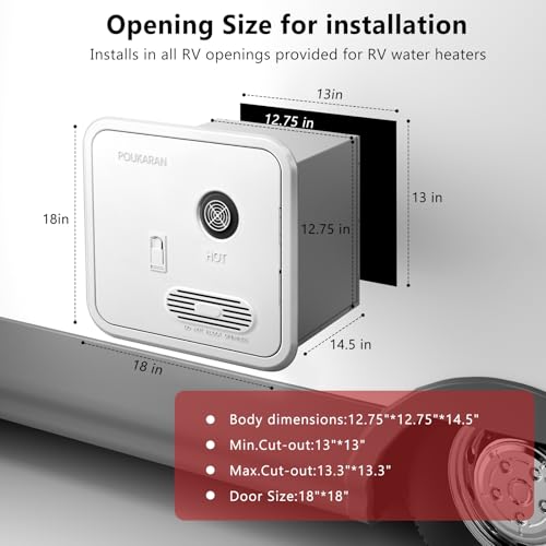 Image of 65,000 BTU RV Tankless Water Heater, 18x18 inches On Demand Instant Hot Water, DC 12V, Front Water Outlet, High Altitude Available, Propane Gas, White Door, Compatible with all RVs