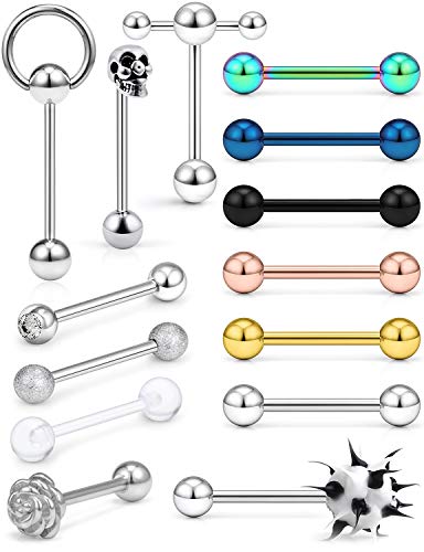 Prjndjw 14Pcs 14G Surgical Steel Tongue Rings Teaser Double Barbell with Slave Ring Body Piercing Jewelry for Women Men Mixcolour Rainbow Tongue Piercing Jewelry