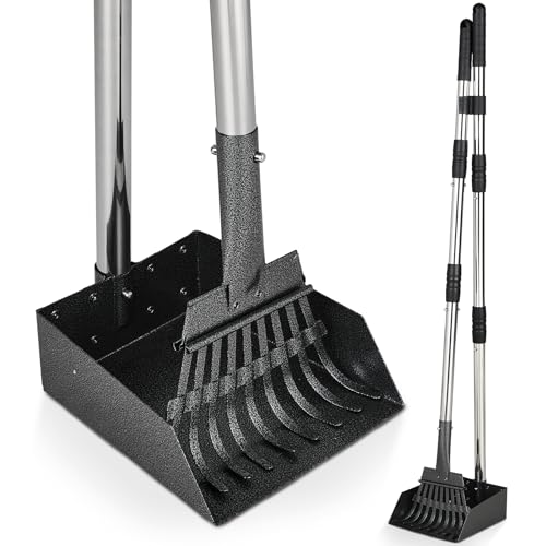 The Fellie Pooper Scooper 2 Pack Stainless Steels Pet Poop Scoop Tray and Rake Durable Long Handle Poop Scooper Portable Pet Poop Shovel for Medium/Small Dogs Use for Yard Grass Dirt or Gravel