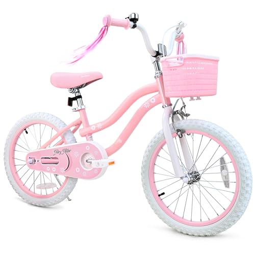 Image of bicystar Girls Bike Ages 2-8, 12-18 Inch with Training Wheels, Pink /Blue | Removable training wheels, basket and streamers, carbon steel frame, adjustable seat & handlebar, coaster or hand brake