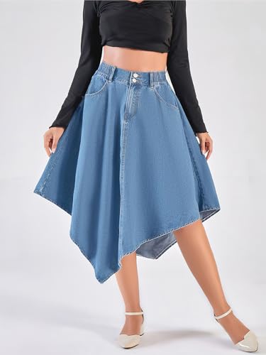 ebossy Women's Pleated Flowy Smocked Waist Handkerchief Hemline Denim Midi Skirts with Pockets3