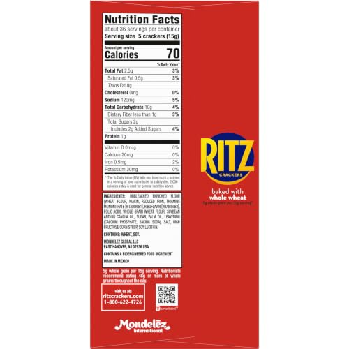 Image of RITZ Whole Wheat Crackers, Snacks for Kids and Adults, Family Size, 6 Boxes