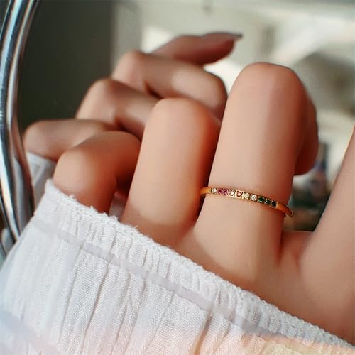 Half Eternity Rainbow Ring for Women,18K Gold Plated Multi Color AAAAA Created-Gemstone Stackable Wedding Band Ring3