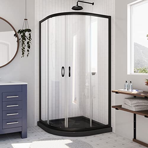 DreamLine Prime 38 inch D x 38 inch W x 74 3/4 inch H Semi-Frameless Sliding Clear Shower Enclosure in Matte Black with Black Shower Base Kit