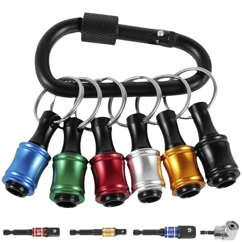 GUANSHANG 6Pcs 1/4 Inch Hex Shank Screwdriver Bit Holder Aluminum Alloy Bit Holder Keychain with Universal 105° Right Angle Drill Attachment and 1/4inch 3/8inch 1/2inch Drill Socket Adapter LW