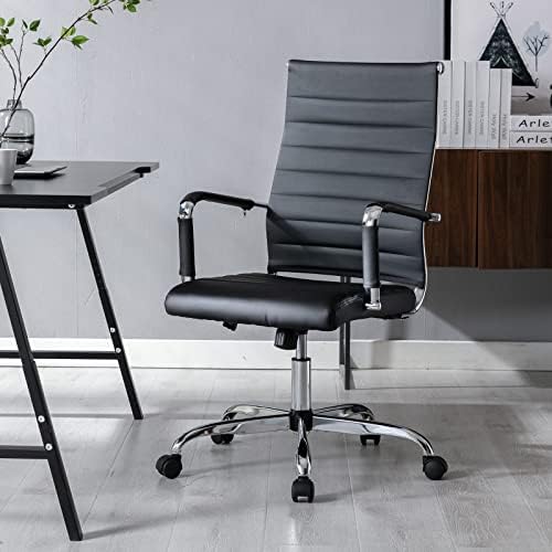 Office Desk Chair with Wheels, Beatmart INC Ergonomic Black Leather Conference Room Chairs Height Adustable | Ribbed High Back | Swivel Rolling Task Chair