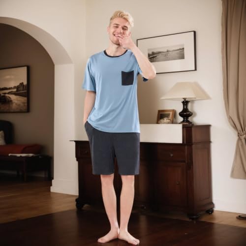 Qianxiu Men's 100% Cotton Pajama Set Mens Round neck Pjs Set For Men Classic Short Sleeve Sleepwear For Loose Casual pyjamas3