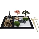 Calma y atención plena: este jardín zen de bonsái japonés trae el paisaje natural del patio a tu vida y siente la atmósfera relajada y tranquila de la naturaleza, como un pájaro volador libre y un Buda sentado bajo un pino, escapando temporalmente del ajetreo y el bullicio del tiempo y el espacio terrestre