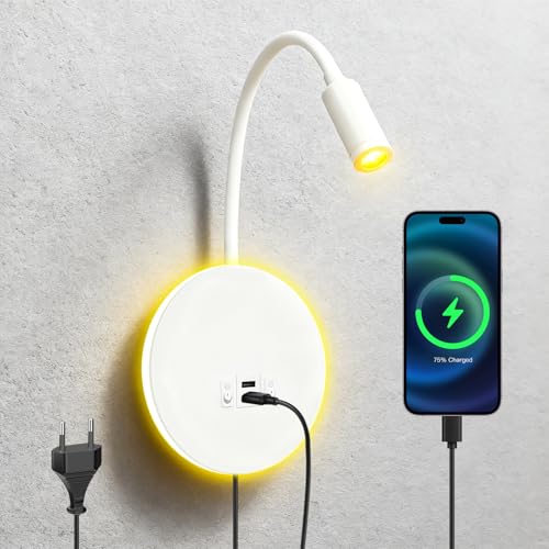 GBKDQQ Lámpara de lectura para cama, lámpara de pared LED, lámpara de cama con 2,1 A, carga USB tipo C y 2 interruptores, 3 W + 8 W, lámpara de cama regulable, cuello de cisne, lámpara de pared