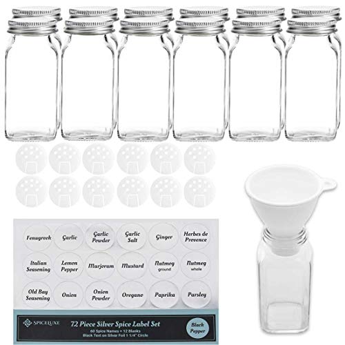 Deluxe Large Spice Jar Set -12 Square Glass 6 oz Spice Bottles, 72 Premium Labels, 12 Shaker Tops, Quality Silver Steel Caps and No Clog Wide Spice Funnel by SpiceLuxe
