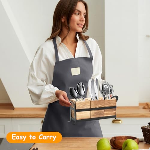 Miniatura 5 de Yallmie 31.1 X8.9x14.3cm Soporte Utensilios De Cocina Madera, 3 Organizador De Utensilios De Cocina Con Base Extraíble, Soporte Para Cubiertos De Cocina Soporte Para Utensilios Cucharas, Cuchillos