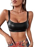 MakeMeChic Women's Leather Tops Faux PU Sleeveless Spaghetti Strap Crop Cami Top Bralette Black Small