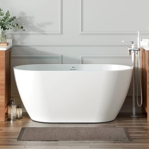 FerdY Bali 55" Freestanding Bathtub, Glossy White Freestanding soaking tub with Brushed Nickel Drain & Integrated Slotted Overflow, cUPC Certified Cover