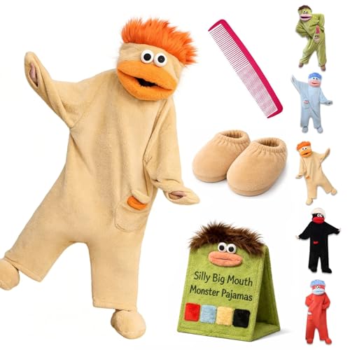 BIQIO Goofy Fleece Onesies Adults Silly Big Mouth Monster Pajamas Funny Plush Hooded Loungewear Jumpsuit with Hair and Comb Yellow