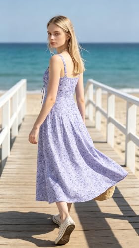 Image of YATHON Women's Summer Midi Corset Boho Dresses Spring Casual Floral Spaghetti Straps Lace Up Dress Flowy Aline Beach Sundress