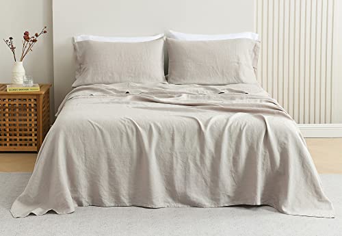 100% French Linen Sheet Set California King Size, Stone Washed Pure Linen Bed Sheet Set, 4 Pcs Breathable Natural Flax Linen Sheets - 1 Deep Pocket Fitted Sheet, 1 Flat Sheet, 2 Pillowcases #TOP22