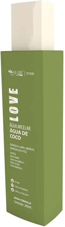 Água Micelar com Água de Coco, Demaquilante e Hidratante, Max Love, 290ml Demaquila limpa hidrata e remineraliza a pele com água termal ácido hialurônico água de coco algas marinhas vegano