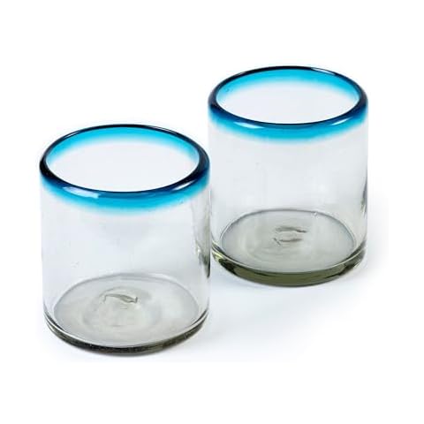 Handmade con Amor - 7 oz Hand Blown Mexican Drinking Glasses - Set of 2, 7 fl oz each, Aqua Rim Cover