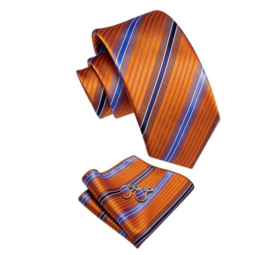 Image of YourTies Orange Ties for Men Striped Tie Woven Silk Necktie Handkerchief Cufflinks Set Formal Business Party Wedding