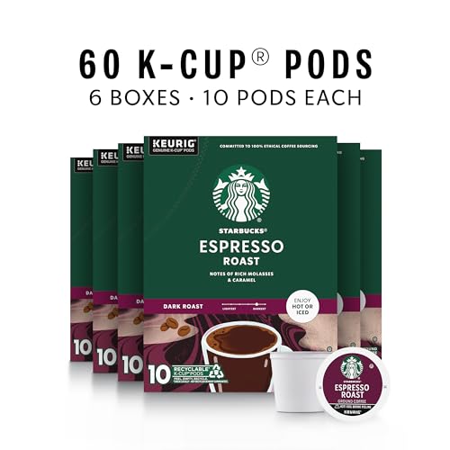 Image of Starbucks K-Cup Coffee Pods, Dark Roast Coffee, Espresso Roast for Keurig Coffee Makers, 100% Arabica, 6 Boxes (60 Pods Total)