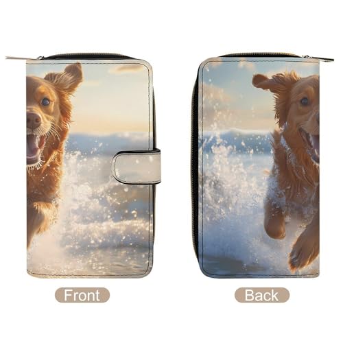 Dog Running on The Beach Stylish Leather Wallet Womens Mens Slim Purse Secure Card Holder Durable Bifold Clutch Handbag3