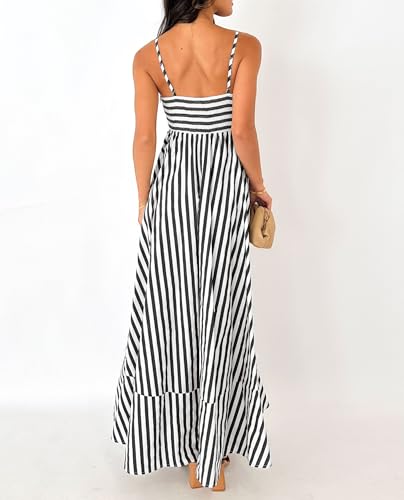 Image of NUFIWI Women Summer Striped Maxi Dress Spaghetti Strap Cutout Ruffle Long Dress Flowy Swing Beach Vocation Dress