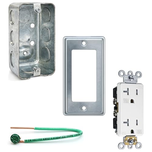 Outlet Box Kit 4" x 2" Metal Utility Box with Rocker/GFI Cover, 20A 125V Tamper & Weather Resistant Duplex Receptacle, 6.5" Ground Pigtail Wire, 1-7/8" Deep Handy Box, Ten 1/2" Knockouts