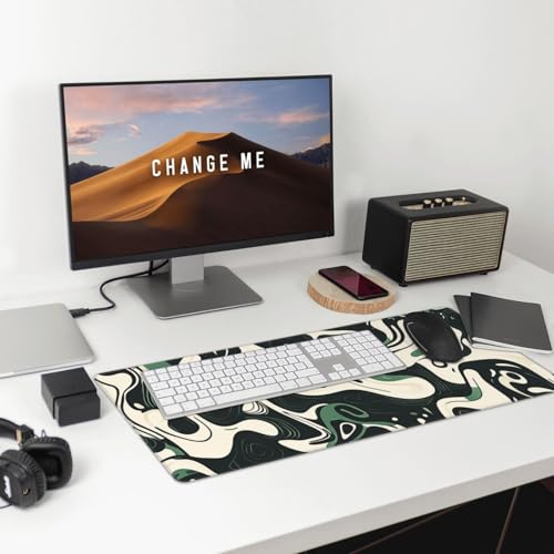 Image of AQQA Abstract Topographic Map Green and White Pattern with Lines Gaming Mouse Pad Long XL Desk Mat for Desktop Mousepad with Non-Slip Base Stitched Edge Keyboard Mat for Office Home 31.5 inch x 15.7 inch