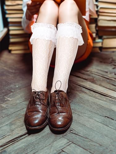 Image of Geyoga 4 Pairs Lace Ruffle Frilly Ankle Socks Women Lace Cute Dress Socks for Women Ladies Princess Accessories