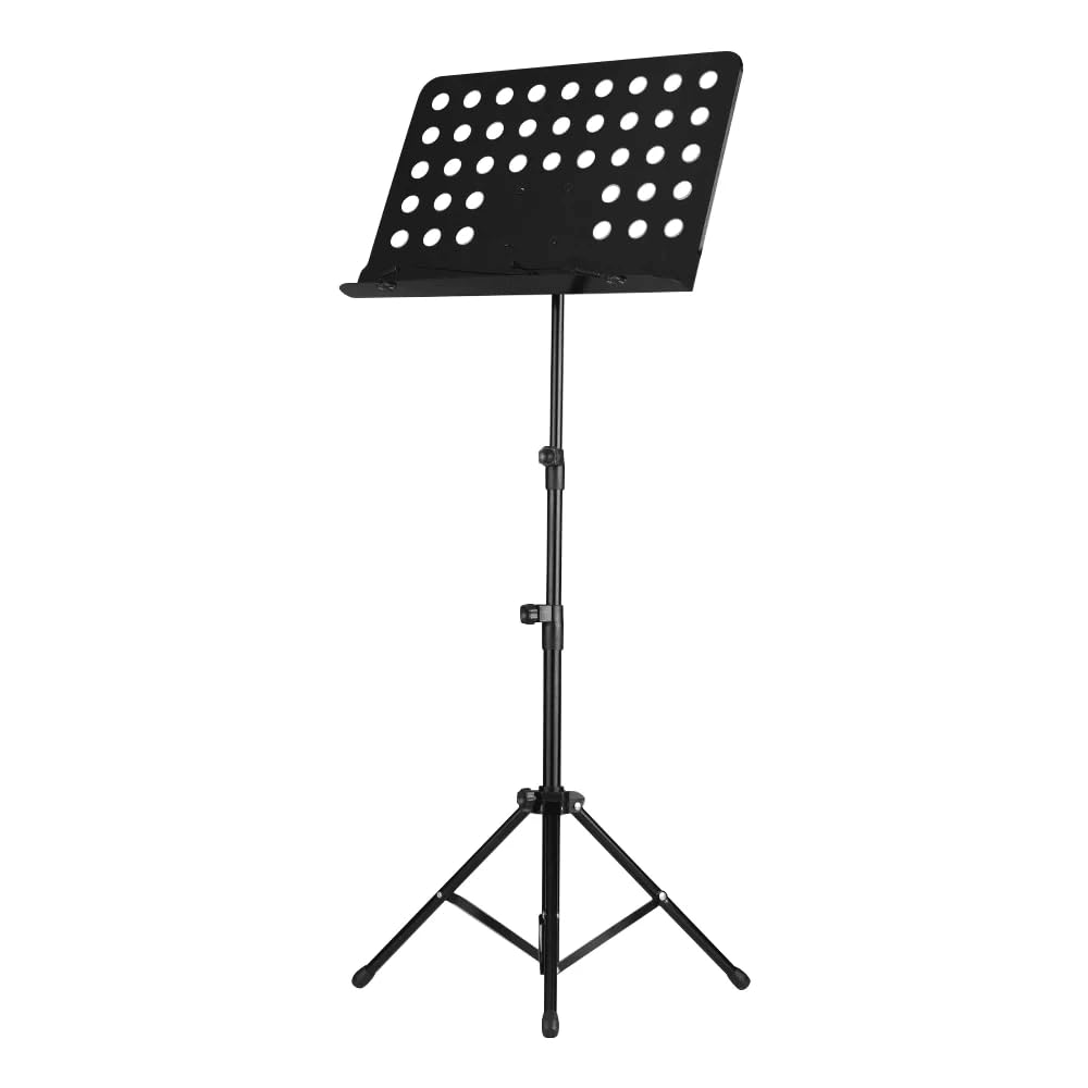 Infitronic INNPBSET01 – Atril para partituras de orquesta negro – Altura ajustable (83 – 150 cm), atril estable con bandeja perforada y bolsa de transporte, luz para atril + clip para partituras +