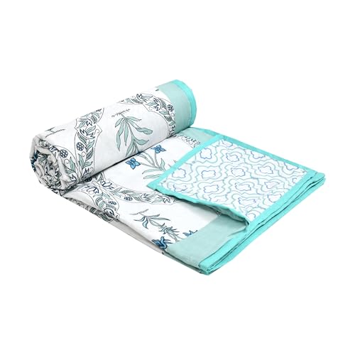 Image of BLOCKS OF INDIA Hand Block Printed Cotton Single Size Reversible Malmal Dohar for Summer (Turq BEL)