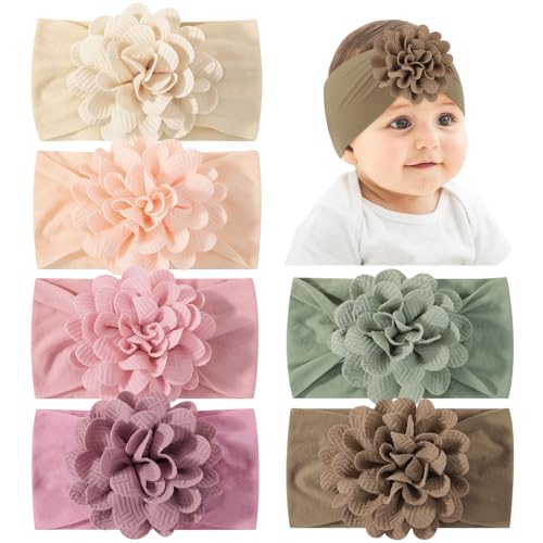 Image of jollybows 6pcs Baby Girls Flower Hair Headbands Nylon Hair Bands Elastic Hair Accessories for Newborn Kids Infants Toddlers Light Color