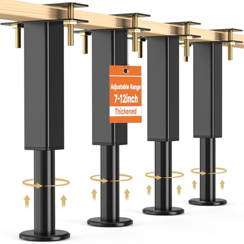 4PCS Adjustable Height Bed Support Legs, 7-12 Inch, Metal Heavy Furniture Legs with Rubber Non-Slip Base for Sofa/Cabinet/Couch/Dresser/Table, Furniture Feet Replacement for King Queen Bed Frame Slat