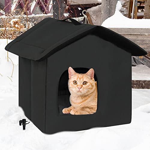 Rest-Eazzzy Cat House for Outdoor Cats, Weatherproof and Insulated Feral Cat House with Mat and Canopy, Easy to Put Together, Selfwarming Cat Shelter for Winter(13 * 13 * 14" Black with Supp