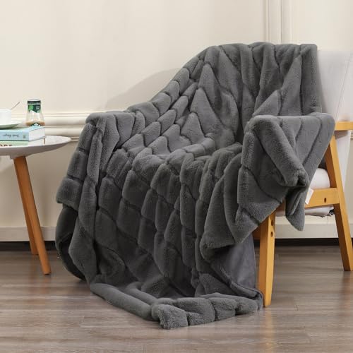 LuxenrelaX Striped Super Soft Faux Fur Throw Blanket-60x80, Anti-Shedding Cozy Fuzzy Plush Blanket for Couch, Bed, Sofa - (60" x 80", Charcoal Grey)