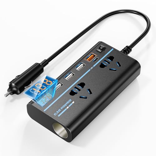 インバーター 200W カーインバーター DC12VをAC110Vに変換 コンバーター 電圧表示 シガーソケット 8ポート 車載用充電器 超軽量 コンバーター 車 車載用インバーター 12V全車種対応 修正正弦波 (ブラック)