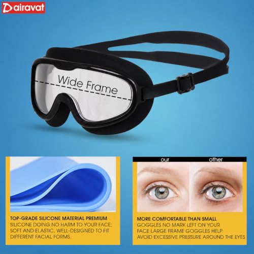 Image of AIRAVAT Macho swimming goggles for Kids Children Teens, polycarbonate goggles, Anti-Fog, Anti-UV, Wide View Swimming Goggles, Free size (Black)