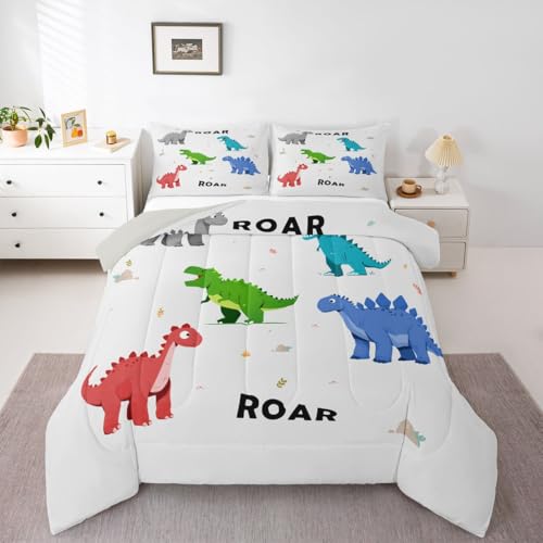 jejeloiu Cartoon Dinosaur Comforter Set All Season Jungle Dino Bedding Set with 1 Pillow Cases Wild Animal Microfiber Kids Twin Bedclothes Bedroom Decor Duvet Quilt Breathable Soft Lightweight