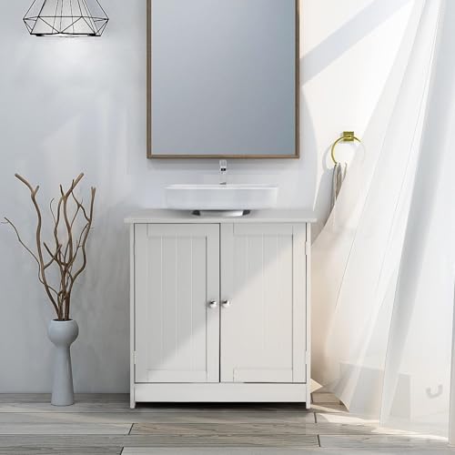 TOTEBOX Bathroom Floor Cabinet Under Sink, White Bathroom Under Sink Cabinet Basin Storage Cupboard Vanity Unit Furniture Free Standing with 2-Tier Adjustable Shelves and Double Doors - Image 2