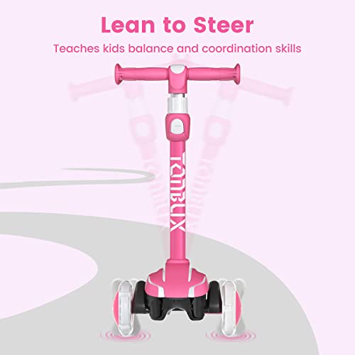 Tonbux Kids Scooter For Age 3-12, Toddler Scooter With 4 Adjustable Heights, Light Up 3-Wheels Scooter, Shock Absorption Design, Lean To Steer, Balance Training Scooter For Kids, Pink #TOP6