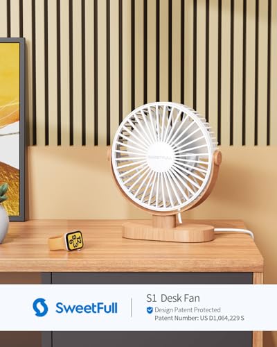 Image of SWEETFULL Small USB Desk Fan 6.5 Inch, 3 Speeds Portable Personal Desktop Table Fan , Dual 360 Adjustment Mini Fan, Quiet Operation, for Home Office Car Outdoor Travel (White wood grain)