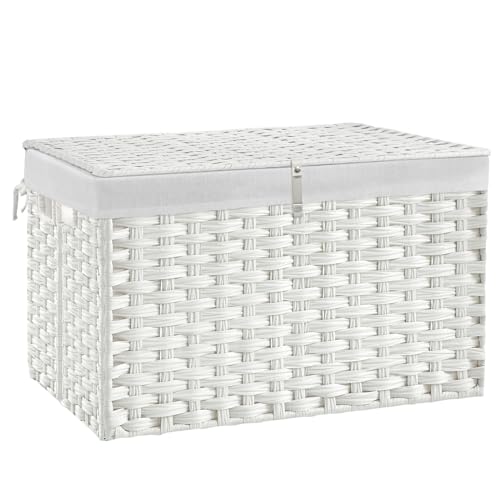 Cesta de mimbre de 180 litros con tapa, cesta grande de ratán tejida a mano con forro extraíble, cesta de mimbre de 47.6 galones para manta, baúl de almacenamiento con asa para armario, dormitorio,