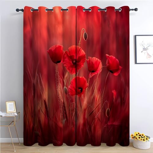 Cortinas opacas con estampado de amapolas en acuarela de 110 x 102 pulgadas, cortinas decorativas con ojales para dormitorio, sala de estar, habitación de los niños, plantas rojas, tratamientos de