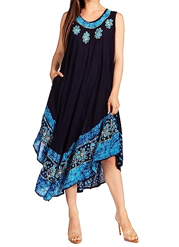 Sakkas A900 Batik Flower Caftan Dress/Cover Up - Navy/Turquoise - One Size