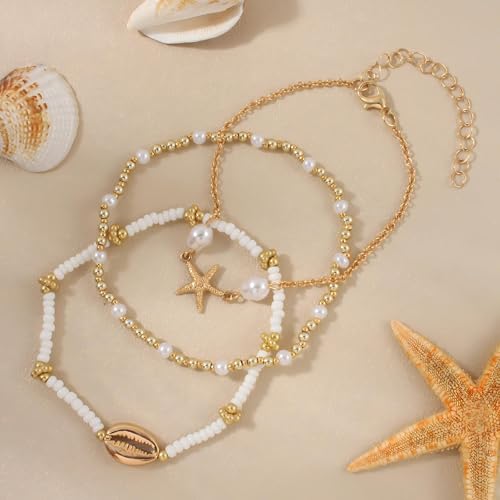 Image of Shell Bracelet,Gold Plated Starfish Ankle Bracelets for Women Waterproof Stack Beaded Anklet Boho Hawaiian Vacation Beach Jewelry Gifts